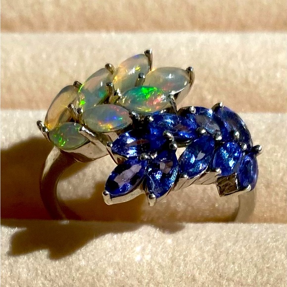 ETHIOPIAN WELLO OPAL and AAA TANZANITE Ring Platinum over Sterling Silver - Picture 1 of 14